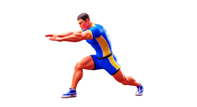 powerful 3d cartoon athlete ready to start, dynamic pose, muscular build, game asset, isolated on transparent background