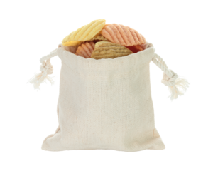 Open cotton pouch filled with assorted vegetable chips, isolated on transparent background, full focus stacking for sharp texture and clear detail