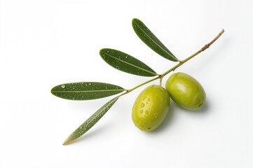 Pickled green olives displayed with an olive twig on a white background