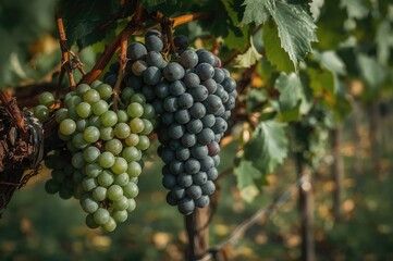 Fototapeta premium Close-up of grape clusters ready for wine production in a harvest basket during fall season
