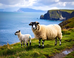 Naklejka premium Sheep on a cliff overlooking the sea