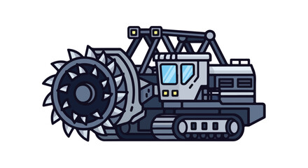 Naklejka premium Stylized cartoon illustration of a heavy-duty trenching machine with a large cutting wheel industrial machinery