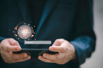 AI assistant dashboard interface with hands typing on laptop and virtual command prompt, representing artificial intelligence tools, smart assistant system, and digital automation solutions.