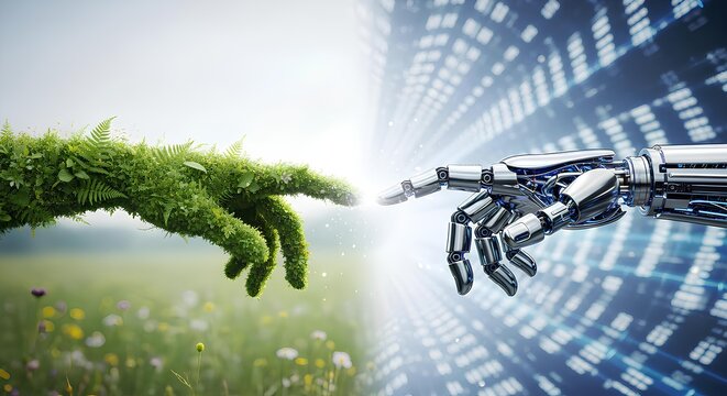A futuristic concept image of a robotic hand meeting a hand of nature, symbolizing the merging of technology and the environment.