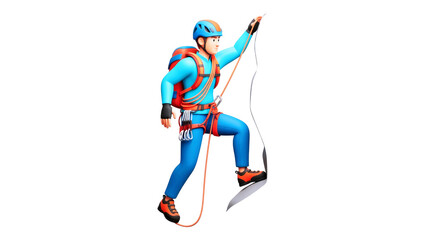 Fototapeta premium 3d cartoon climber conquering heights, extreme sports, dynamic ascent, adrenaline rush, blue outfit, isolated on transparent background