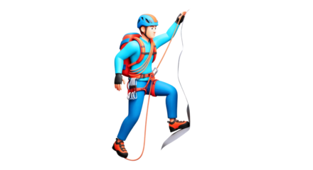 3d cartoon climber conquering heights, extreme sports, dynamic ascent, adrenaline rush, blue outfit, isolated on transparent background