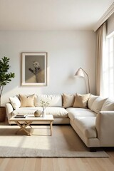 Calming Minimalist Living Room Neutral Palette, Simple Furniture, and Spacious Design