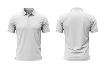 Two identical blank white short-sleeve polo shirts, front & back views, perfectly smooth & crisp on a pure transparent background, ideal product mockup concept