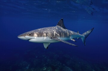Naklejka premium Deep blue ocean scene with a grey reef shark gliding through sunlit waters
