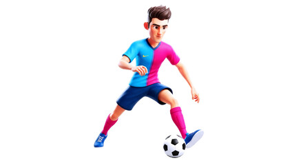 Obraz premium 3d cartoon soccer player dynamic dribbling, focused energy, and playful action, isolated on transparent background