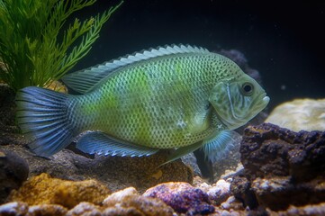Aquarium Scene Featuring a Vibrant Green Cichlid