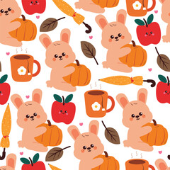 cute seamless pattern cartoon bunny holding a pumpkin with autumn falls element drawing. wallpaper with autumn vibe