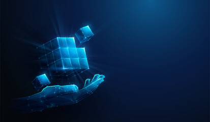 Low-Poly Hand Holding a Cube Formed from Smaller Cubes. Abstract Illustration Depicting Blockchain Technology and Cryptocurrency Fintech Concept with Wireframe Mesh on Blue Background with Copy Space.
