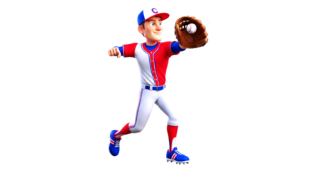 3d cartoon baseball player dynamic catch, thrilling play, victory celebration, isolated on transparent background