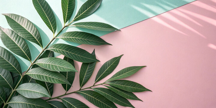 Green leaves are arranged on a pastel pink and turquoise background, creating an autumn atmosphere with beautiful shadows and negative space for text or other design elements