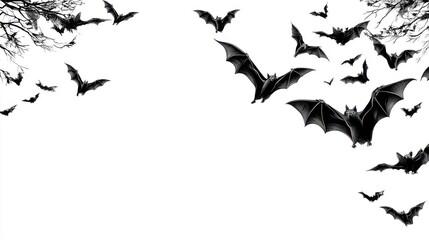 Flying Bats in Midnight Sky with Spooky Atmosphere and Trees