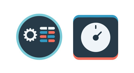 Configuration interface elements showcasing settings gear and a square clock with hands indicating time management functionality
