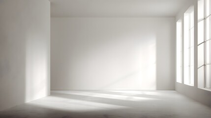 A sunlit, minimalist interior space with large windows, showcasing a bright, airy mood.