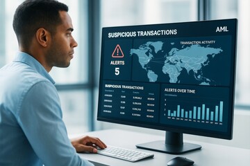Business analyst monitoring suspicious financial transactions on desktop screen in modern office environment with light background and data charts. Ai generative