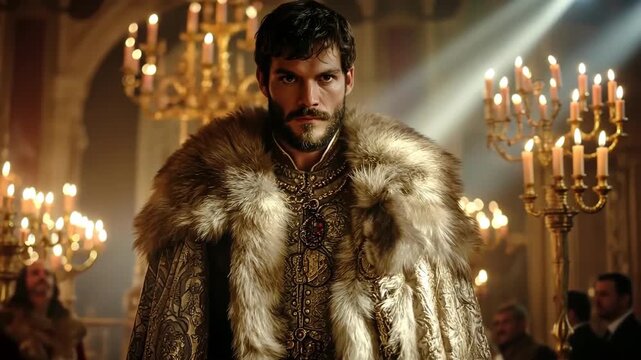 Powerful sultan in fur-trimmed robe, sternly gazing in a grand hall.