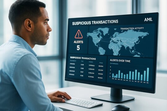Business analyst monitoring suspicious financial transactions on desktop screen in modern office environment with light background and data charts. Ai generative