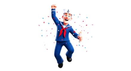 joyful sailor celebrates graduation 3d cartoon, diploma in hand, confetti explosion, isolated on transparent background