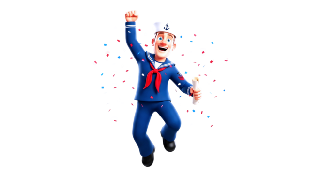 joyful sailor celebrates graduation 3d cartoon, diploma in hand, confetti explosion, isolated on transparent background - Powered by Adobe