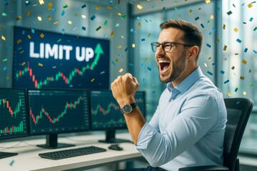 Excited stock trader celebrating market success with confetti in modern office, surrounded by charts and glowing "LIMIT UP" background screen. Ai generative