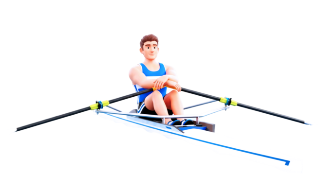 3d cartoon rowing athlete serene strength, calm determination, water sports mastery, isolated on transparent background