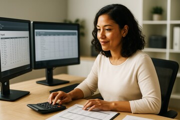 Professional woman working with payroll data on dual monitors in modern office with natural light and minimalistic background. Ai generative
