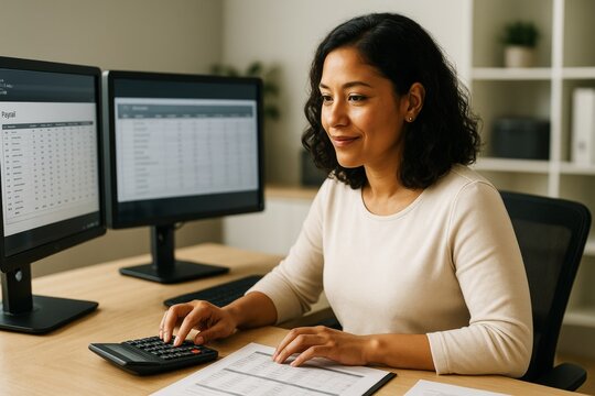 Professional woman working with payroll data on dual monitors in modern office with natural light and minimalistic background. Ai generative - Powered by Adobe