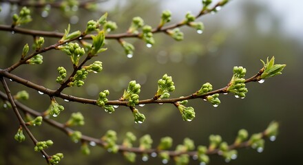 Closeup of tree branches with fresh green buds and water droplets after rain in early spring season