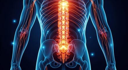 Human spine anatomy with glowing vertebrae isolated on white background