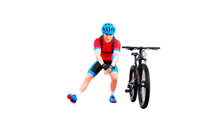 cartoon cyclist prepares for ride dynamic stretch, red jersey, blue helmet, mountain bike, focused determination, isolated on transparent background