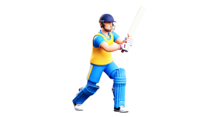 ready to smash cartoon cricket player in action pose, dynamic 3d render, isolated on transparent background