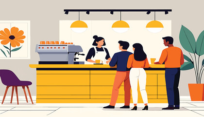 Modern coffee shop scene with a barista serving customers waiting in line at the counter, flat vector illustration