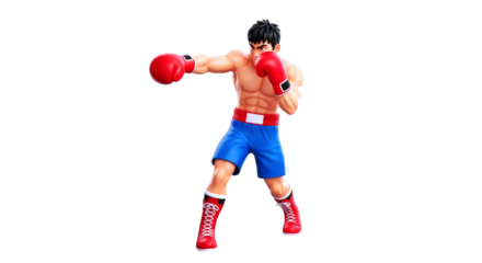 dynamic cartoon boxer powerful punch, focused determination, victory stance, isolated on transparent background