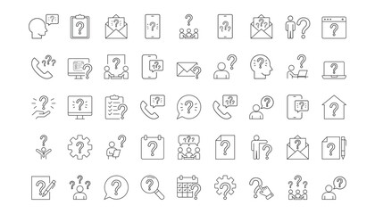 question. to ask questions. icons. look for answers to questions. frequently asked questions. icon with questions. banner. advertisement. black lines.