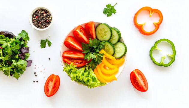 A vibrant overhead view of a colorful bowl of fresh, sliced vegetables and herbs, artfully arranged.