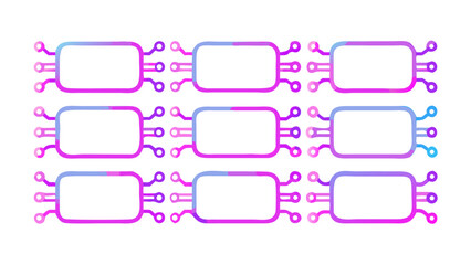 A grid of nine abstract circuit board elements with rounded rectangles and gradient connections design