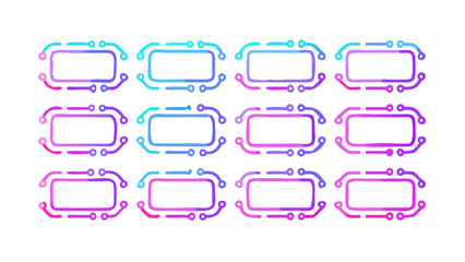 Twelve rectangular frames with rounded corners and circuit like decorations in gradient colors arranged in rows
