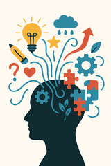 Creative Mind and Problem Solving Illustration with Puzzle Pieces and Ideas