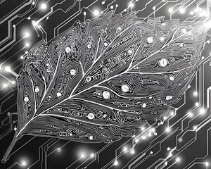 Digital Leaf Concept: A meticulously crafted digital image presenting a leaf transformed into a circuit board, showcasing a blend of technology and nature. A captivating representation of innovation.