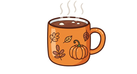 Autumn season warm beverage mug with pumpkin and leaves fall season cozy drink hot chocolate with marshmallows on transparent background
