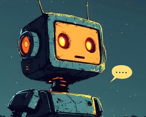 Retro Robot's Thought Bubble: A vintage-inspired robot contemplates in thought bubble, evoking nostalgia and the evolution of technology in a futuristic illustration.