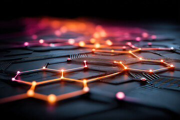 Vibrant lines intersect in geometric shapes, creating a captivating digital landscape illuminated by warm colors