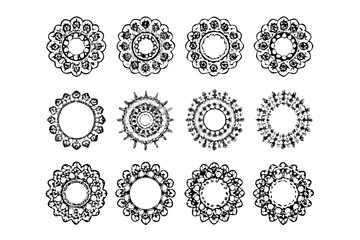 Collection of twelve black and white floral mandala designs arranged in a grid pattern on a white background