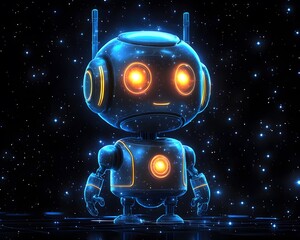 Futuristic Robot: A charming and cute robot stands out against a dark background. glowing eyes of the robot shine brilliantly