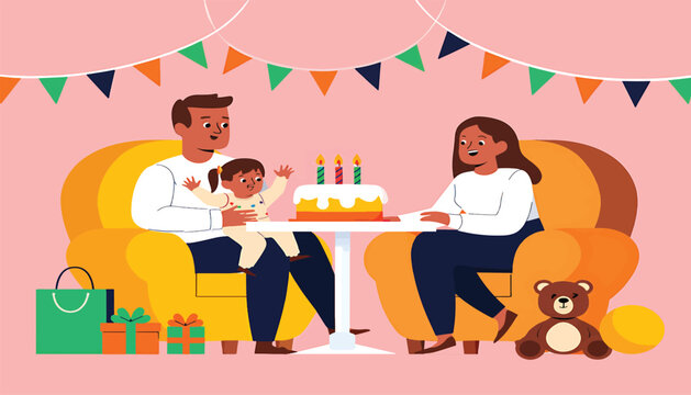 Happy young family celebrating their baby's first birthday with a festive cake and presents, a heartwarming flat vector illustration