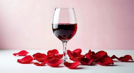 A glass of red wine surrounded by red rose petals isolated on white background